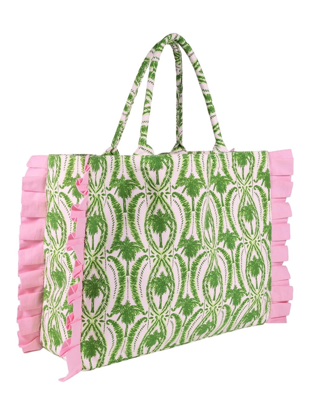 New Lilly Pulitzer Green Palm Print Tote Bag with Pink Ruffle Trim